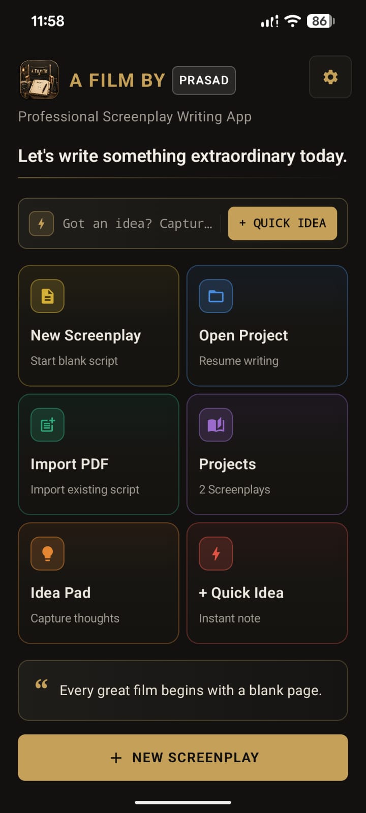 A FILM BY Android Home Hub: New Screenplay, Open Project, and Idea Pad