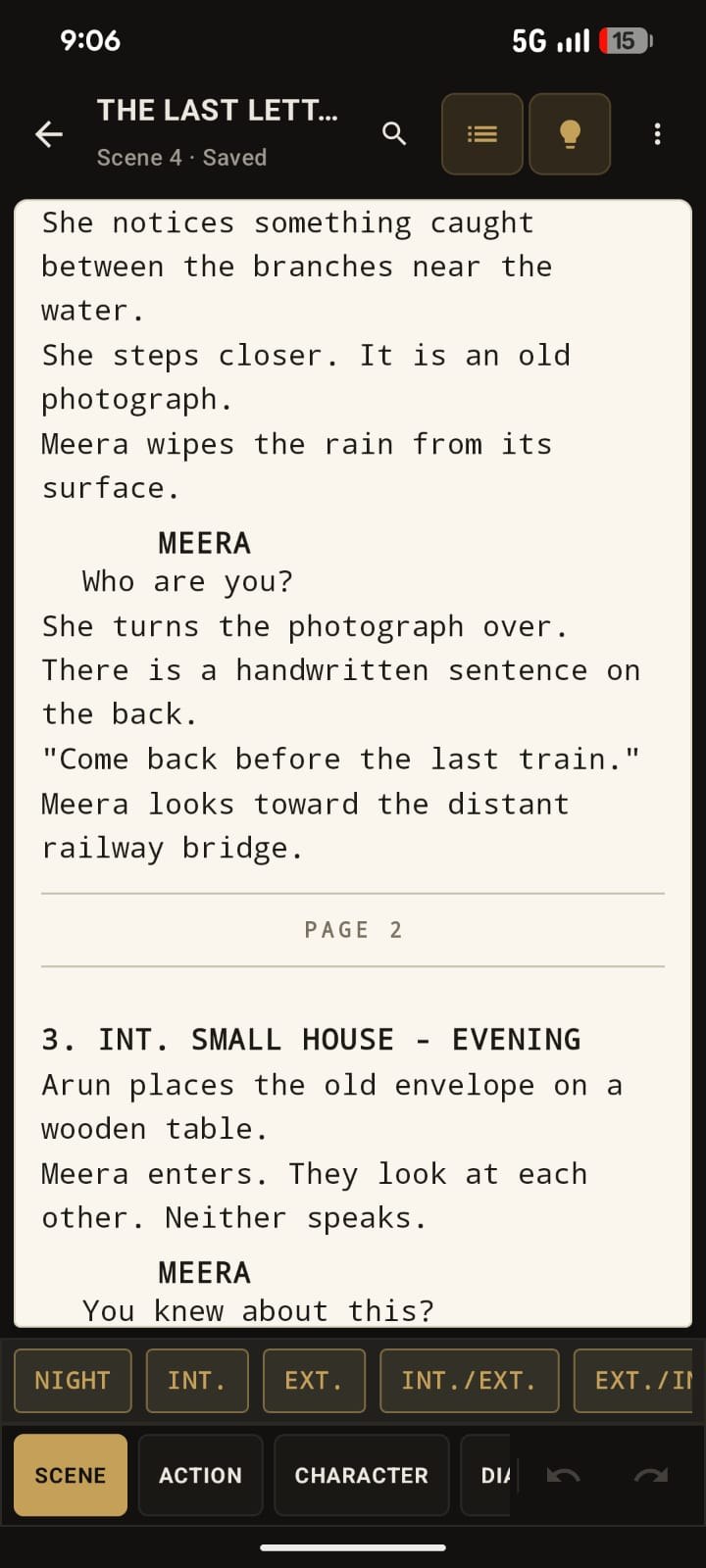 A FILM BY Android Screenplay Editor: formatted screenplay page with scene headings, dialogue, and editing toolbar